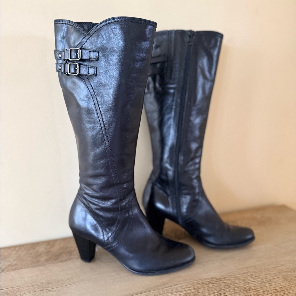 Clarks Black Leather Buckle Knee-High Boots